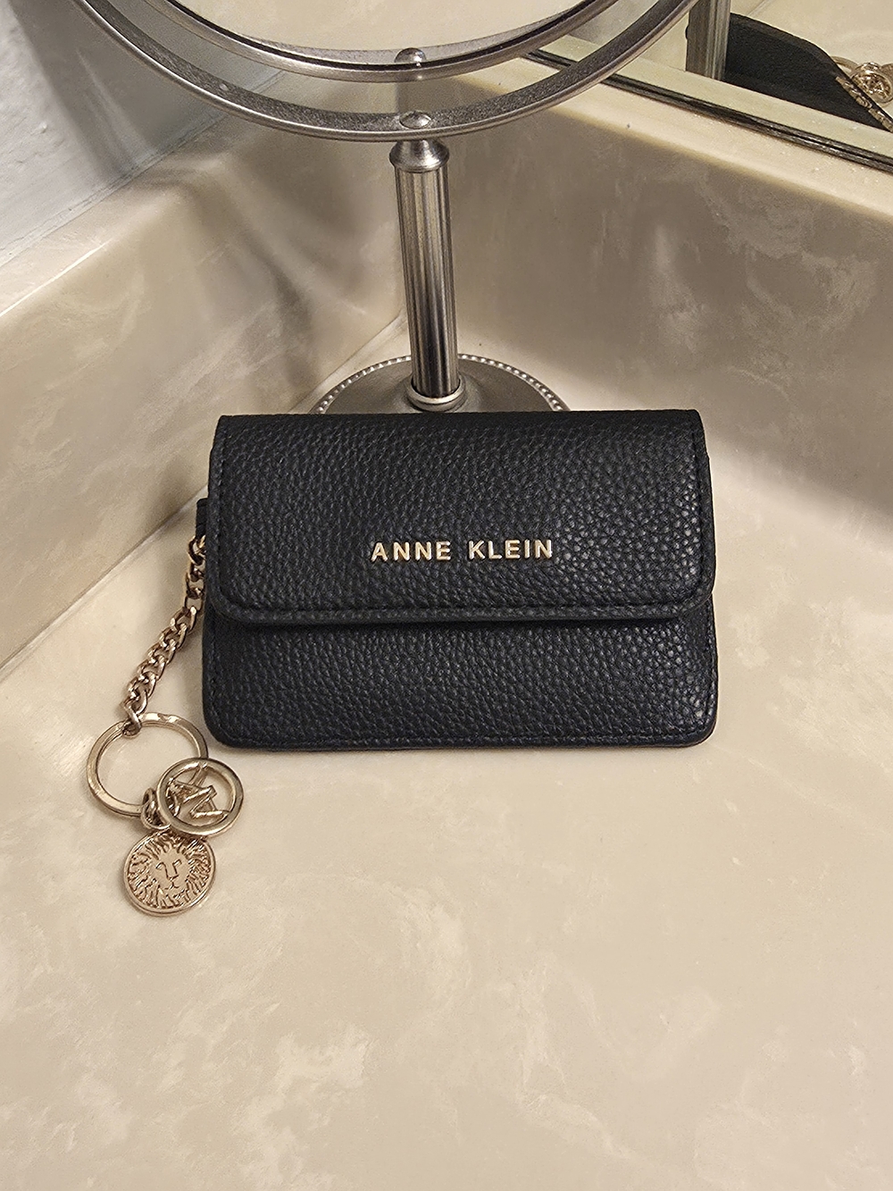Anne Klein Black Pebbled Leather Card Case with Gold Accents
